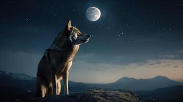 majestueux Loup regarder à le éclairé par la lune ciel. génératif ai photo