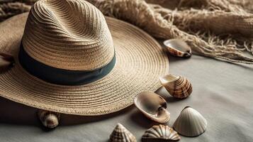 une été plat allonger de coquilles et une chapeau sur le plage. génératif ai photo