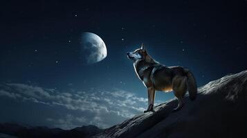 majestueux Loup regarder à le éclairé par la lune ciel. génératif ai photo