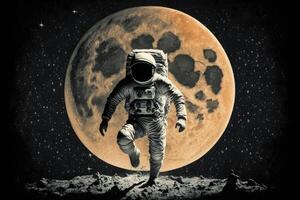 ai généré à le lune. un astronaute pas sur le lunaire surface. photo