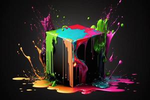 coloré néon peindre éclaboussure abstrait liquide Contexte avec cube. ai photo
