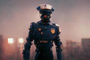 science fiction futuriste ville nuit scène avec robot policiers. ai généré art photo