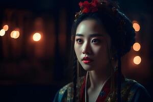 asiatique femme dans kimono à nuit. neural réseau ai généré photo