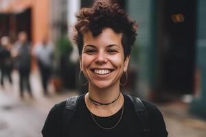 magnifique Jeune femme souriant portrait sur foncé Contexte. neural réseau ai généré photo