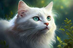 portrait de national chat avec blanc fourrure en plein air avec la nature Contexte. neural réseau généré art photo