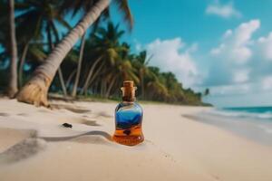 une bouteille de parfum sur le rivage est enveloppé dans une vague. Jaune le sable sur le plage, Marin produits de beauté et fragrance. neural réseau ai généré photo