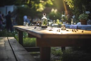 en bois table dans jardin. illustration ai génératif photo