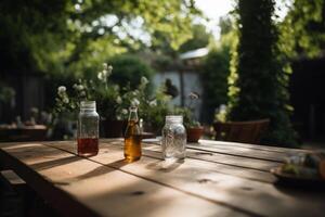 en bois table dans jardin. illustration ai génératif photo