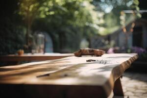 en bois table dans jardin. illustration ai génératif photo