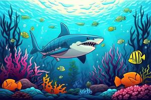 mignonne dessin animé requin dessin brillant corail récif Contexte . ai généré photo