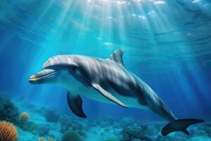 magnifique dauphins en dessous de le mer . ai généré photo