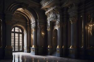 or et noir baroque style portail de une palais, Colonnes intérieur palais conception, ai généré photo