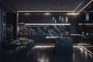 moderne cuisine intérieur, luxe décor pour une cuisine avec LED lumière, meubles décoration, branché noir style pour le intérieur cuisine, ai généré photo