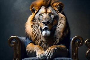 proche en haut portrait de une Lion sur une trône, ai généré photo