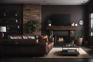 luxe vivant pièce avec une marron cuir canapé et la télé avec une cheminée et Jeune arbre, ai généré photo