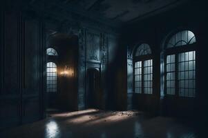 une hanté bâtiment de le à l'intérieur, une terrifiant vue avec obscurité et faible lumières, ai généré photo