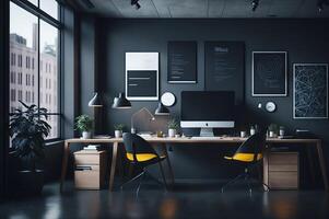 moderne Bureau intérieur avec une Jaune chaise et bureau et ordinateur, ai généré photo