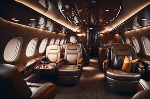 intérieur de une luxueux avion avec cuir des places et les fenêtres, ai généré photo