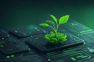 Jeune plante croissance sur une CPU puce sur une ordinateur circuit conseil, Créatif concept, ai généré photo