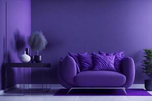 moderne vivant pièce conception, violet fauteuil sur violet mur et blanc sol, 3d rendre, ai généré photo