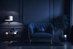 3d le rendu de une foncé bleu vivant pièce intérieur avec une confortable luxe fauteuil, ai généré photo