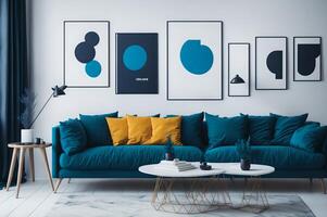 moderne intérieur conception pour vivant pièce avec bleu canapé et table autour les lampes et les plantes et maquettes pour tableau, ai généré photo