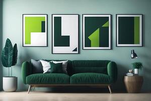 contemporain intérieur conception pour 3 affiche cadres dans vivant pièce moquer en haut avec vert canapé, en bois pot et sol lampe, modèle, 3d rendre, illustration, ai généré photo