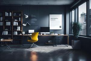 moderne Bureau intérieur avec une Jaune chaise et bureau et ordinateur et étagères, ai généré photo