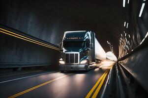 semi un camion avec récipient dans tunnel à haute la vitesse sur Autoroute, ai généré photo