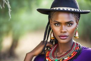 portrait de une magnifique africain femme dans ethnique style. neural réseau ai généré photo