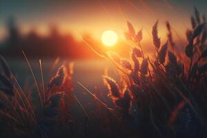 herbe rempli avec rosée sur une lever du soleil Matin. neural réseau ai généré photo