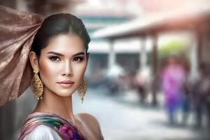 portrait de une magnifique asiatique thaïlandais femme. neural réseau ai généré photo