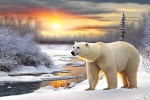 polaire ours dans sauvagerie zone contre le coucher du soleil. neural réseau ai généré photo
