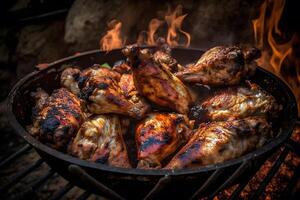 savoureux poulet jambes et ailes sur le gril avec Feu flammes. neural réseau ai généré photo