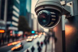vidéosurveillance caméra ou surveillance en fonctionnement sur rue et bâtiment à nuit. neural réseau ai généré photo