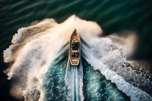 bateau flotteurs dans le mer, Haut voir. neural réseau ai généré photo