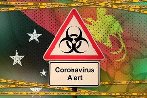 papouasie Nouveau Guinée drapeau et covid-19 Danger biologique symbole avec quarantaine Orange enregistrer. coronavirus ou 2019-ncov virus concept photo