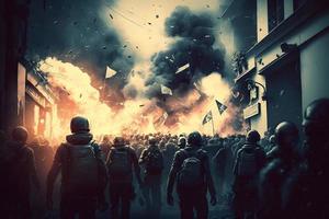 concept art de émeutes des rues sur feu, silhouettes de en colère gens protester dans une révolution. neural réseau généré art photo