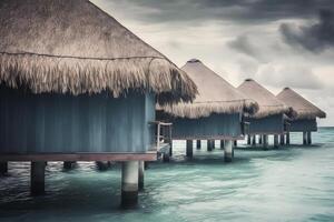 aérien vue de Maldives île, luxe l'eau villas recours et en bois jetée. neural réseau ai généré photo
