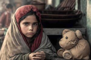 peu fille avec une nounours ours pendant le guerre. évacuation les enfants. neural réseau ai généré photo