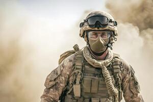 pleinement équipé soldat dans une camouflage uniforme émergente de une bouffée de fumée dans le milieu de une pin forêt. neural réseau ai généré photo