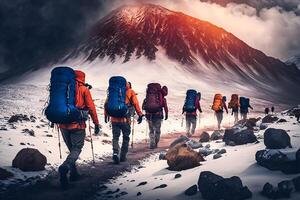 groupe de touristes dans hiver dans le montagnes. travail en équipe concept. neural réseau ai généré photo