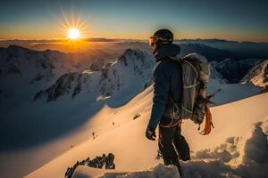 Jeune homme snowboarder fonctionnement vers le bas le pente dans alpin montagnes. hiver sport et des loisirs. neural réseau ai généré photo