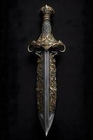 médiéval épée et fourreau. fantaisie d'or épée avec longue lame. neural réseau généré art photo