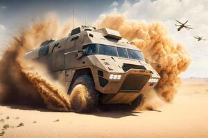 militaire blindé voiture monte dans le désert. neural réseau ai généré photo