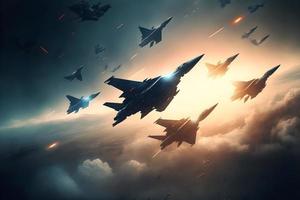 formation de destructeur jets flotte dans ciel pendant aviation bataille. neural réseau généré art photo