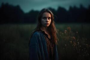 portrait de une magnifique fille dans le soir dans le champ. neural réseau ai généré photo