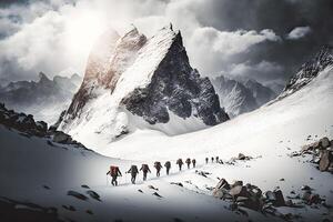 groupe de touristes dans hiver dans le montagnes. travail en équipe concept. neural réseau ai généré photo