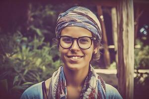 proche en haut portrait de Jeune femme dans turban. neural réseau ai généré photo