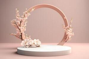 Frais luxuriant rose Sakura fleurs sur branche avec podium maquette dans doux lumière. neural réseau ai généré photo